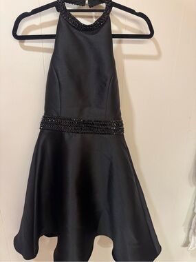 Minuet Petite Black Halter Fit-and-Flare Prom Dress